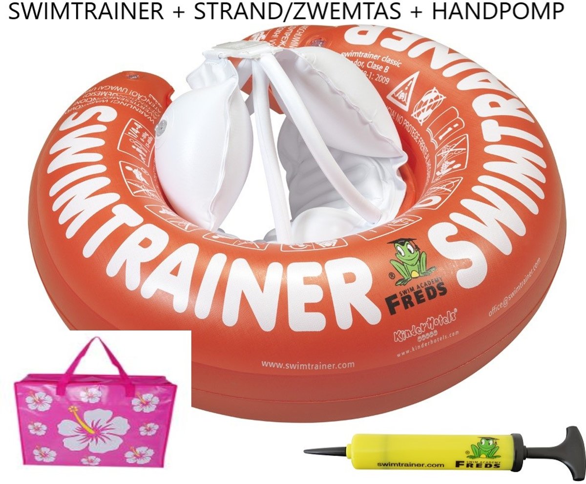 SWIMTRAINER ROOD + STRAND/ZWEMTAS + HANDPOMP [al vanaf 3 maanden tot 4 jaar] (Keurmerken: CE-TüV-EN13138-1:2014)